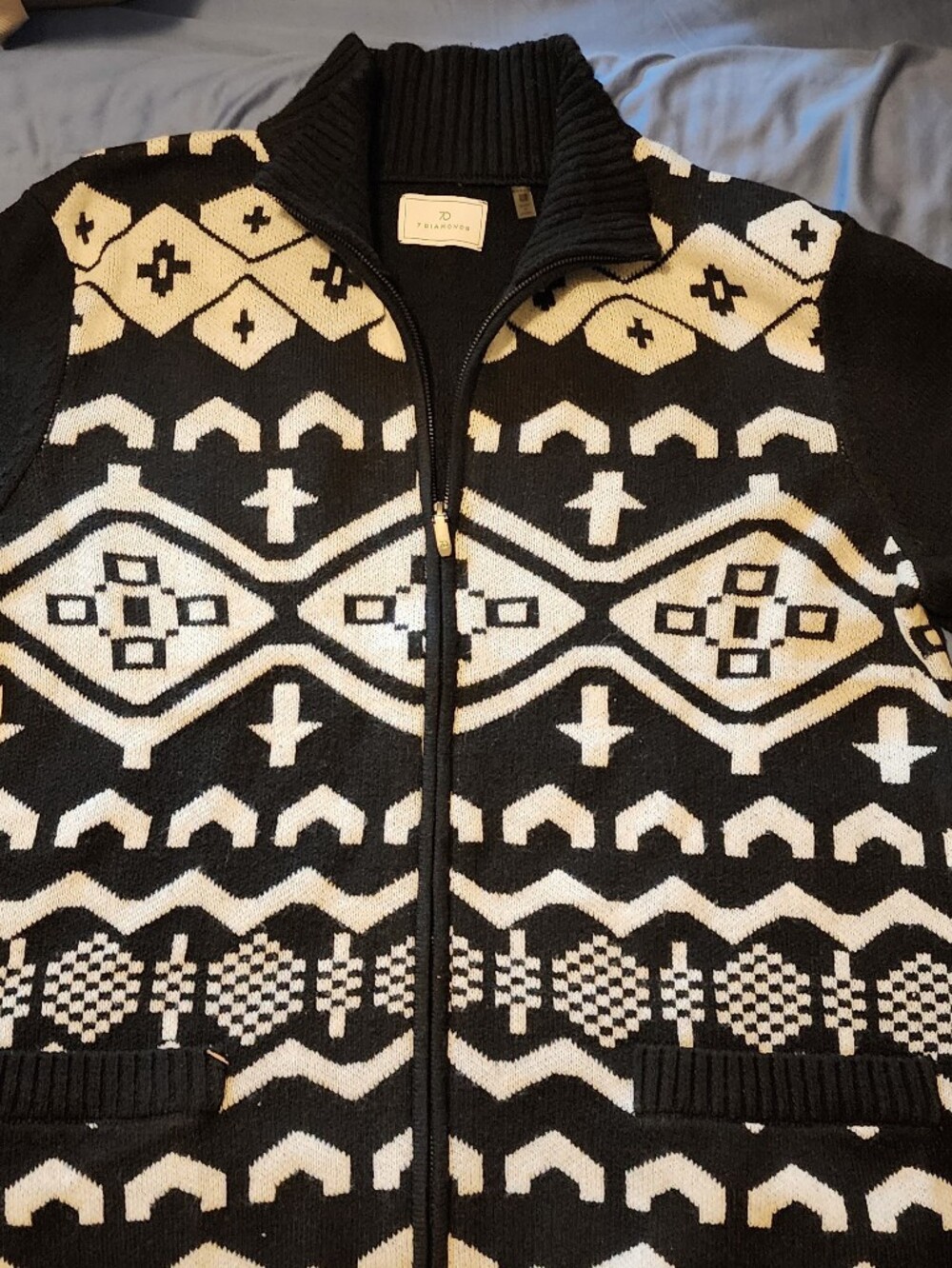 7 Diamonds Black and White Geometric Zip-Up Sweater